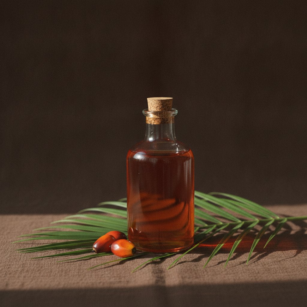 Bouteille d'huile de palme rouge à côté de noix de palme et d'une palme, image d'illustration