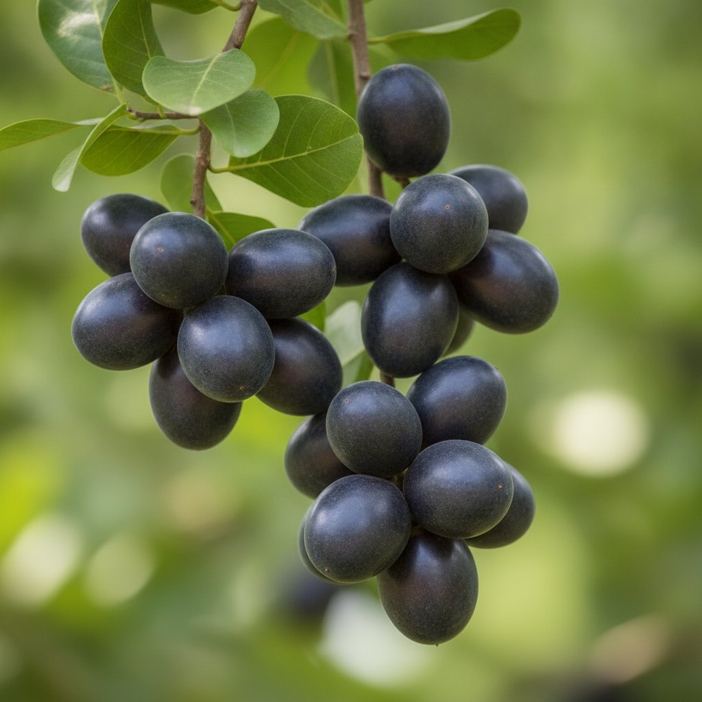 Grappes de safous violets sur les branches d'un safoutier, image d'illustration